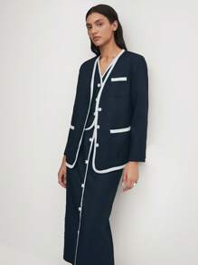 BizChic Navy Blue Collarless Loose Trim Work Jacket - Navy Blue - View 4