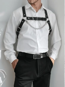 1 件男士黑色手工铆钉 PU 皮革肩章肩带，适合搭配紧身衬衫和 T 恤，适合万圣节外出装扮婚礼派对和礼物万圣节配饰，万圣节服装秋冬配饰万圣节服装，适合青少年、青年、男士、休闲、户外、运动、度假、毕业礼物、生日、日常穿着万圣节派对黑暗风格 - 黑色-防滑帶+鏈條(寬皮帶) - 查看 5