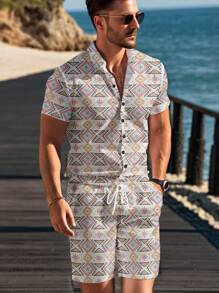 Manfinity RSRT Men Summer Allover Print Button-Front Short-Sleeve Shirt And Shorts Casual Set - White - View 3