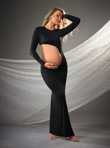 SHEIN Maternity Photoshoot Side Split Fitted Hollow-Out Dress - Black - View 5