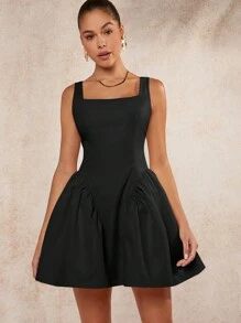 L'Amorae Ruffle Hem Square Neck Solid Dress - Black - View 1