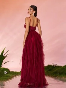 Spaghetti Strap Sexy 3D Embroidered Contrast Mesh Ruffled High Slit Dress, Elegant Formal Evening Prom Dress, For Wedding Guest, Graduation, Dinner Party Dress,Gown - Red - View 2