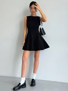 SHEIN EZwear Váy không tay đơn giản màu trơn hàng ngày của phụ nữ - màu đen - Xem 6