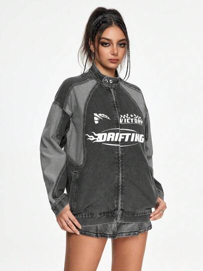 Grunge Punk Veste en jean imprimée à blocs de couleurs à manches longues et épaules tombantes pour femmes, printemps automne