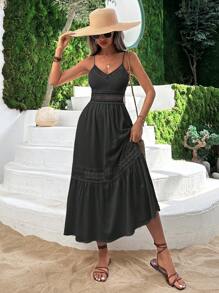 RueChic V-Neck Guipure Lace Insert Ruffle Hem Dress - Black - View 4