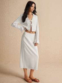 Poéselle Autumn New Lapel Long-Sleeved Bow Tie Shirt, Long Skirt, Comfortable, Breathable And Soft Fabric, Casual Advanced Suit, Autumn Women's Clothing, Long-Sleeved Blouse, Office Clothing Women's Suit - White - View 7