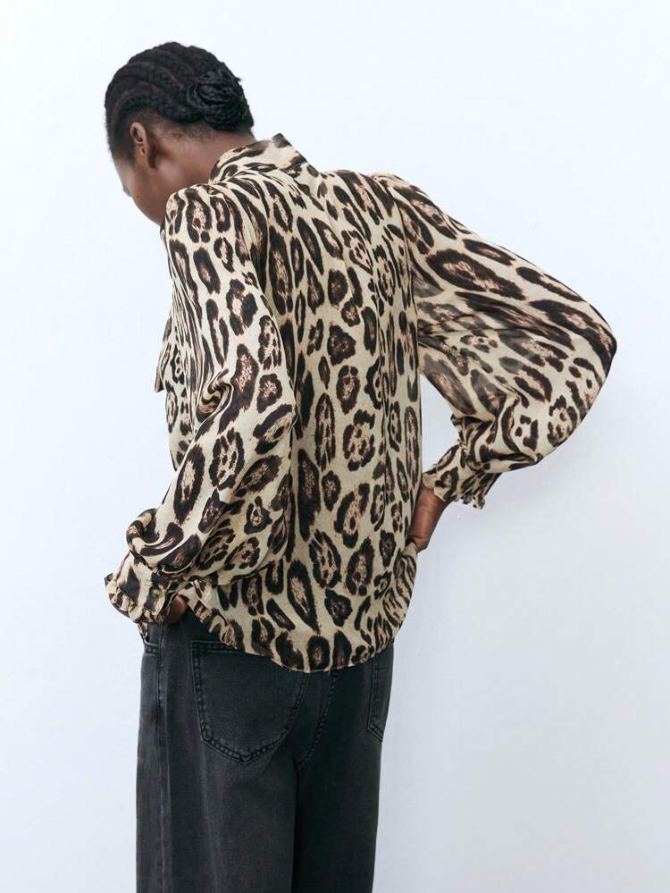 SHEIN Maija Women's Brown Leopard Print Chic Urban All-Season Versatile Animal Print Lace-Up Collar Long Sleeve Blouse, Vacation, Business Casual, Western Style Apparel, Cheetah Print, Ladies Top