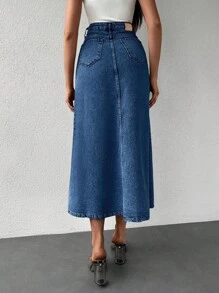 EURMUSE Letter Patched Denim Skirt - Medium Wash - View 2