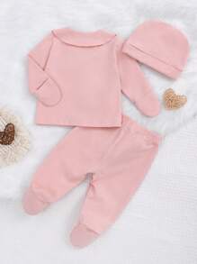 SHEIN 3pcs Baby Girls Pink Simple Style Long Sleeve Top, Pants And Hat Home Outfit Set - Pink - View 5
