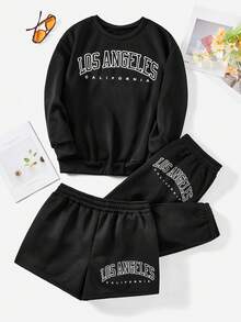 Flirla Plus Size 3-Piece Set, Sweatshirt Suit, Casual Sports Style, Versatile, Round Neck Long Sleeve Sweatshirt, Sweatpants, Long Pants & Shorts Multi-Piece Set - Black - View 9