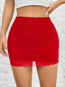 SHEIN EZwear Váy lưới dệt kim màu đỏ xếp ly dáng ôm thanh lịch quyến rũ thời trang dành cho nữ - Đỏ - Xem 5