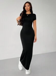 SHEIN PETITE Vestido de manga corta de corte ajustado con cuello redondo para uso diario en primavera y verano para mujer