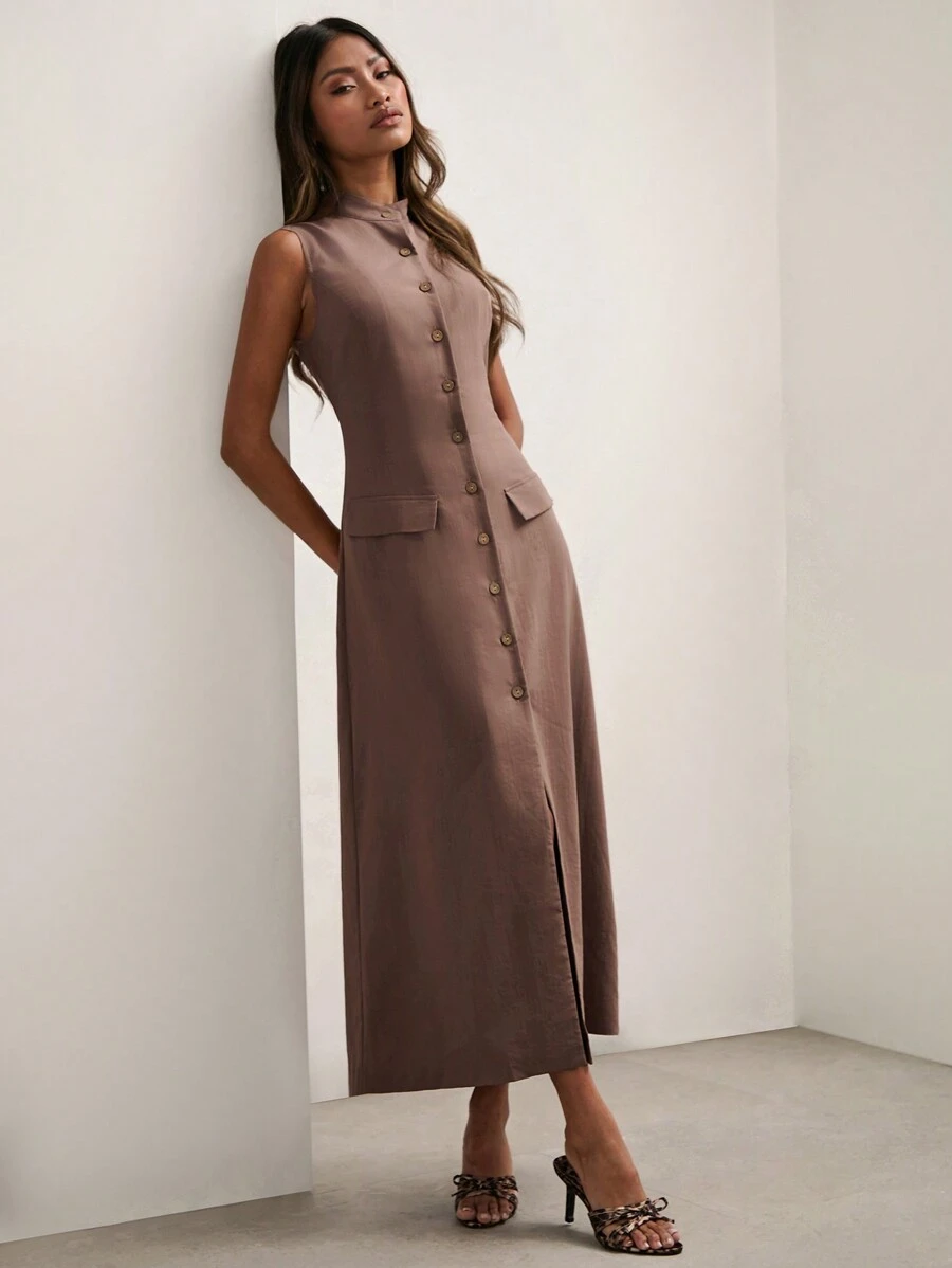 COSMINA 女士休闲纯色前扣无袖中长连衣裙，夏季