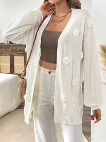 SHEIN VCAY Solid Color 3D Floral Decor Cardigan,Fall Women Sweaters,Fall Women