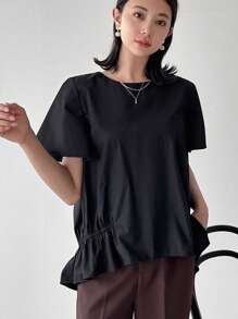 FRIFUL 女士夏季休闲纯色褶皱短袖衬衫，荷叶边 - 黑色 - 查看 3