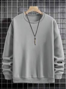 EURMUSE Men's Drop Shoulder Letter Patch Fleece Pullover Sweatshirt - Light Grey - View 7