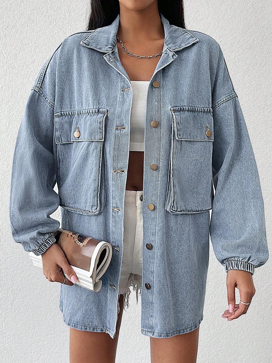 Cottnline Flap Pocket Drop Shoulder Denim Coat - Light Wash - View 1