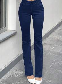 EURMUSE Solid Slant Pocket Jeans Without Belt - Blue - View 4