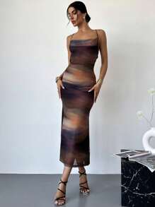 Firerie Vestido cami corto ajustado, de malla transparente, con tirantes, cuello swing, y diseño degradado multicolor, elegante y sexy para vacaciones de verano de mujer