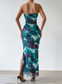 Zolique 女士抹胸露背全印花百褶修身优雅柔美魅力优雅连衣裙 - 軍綠色 - 查看 2