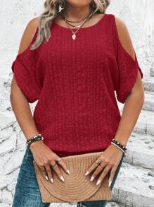 SHEIN LUNE Plus Size Casual Solid Color Hollow Embroidery Open Shoulder T-Shirt - Red - View 6