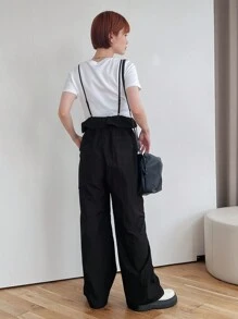 FRIFUL Women's Suspender Ruffled Layered Pocket Decoration Jumpsuit Women Rompers - Black - View 2