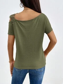 SHEIN Clasi Áo thun nữ tay ngắn cổ bẻ họa tiết ren hoa đơn giản màu trơn sang trọng - xanh quân đội - Xem 2