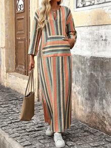 SHEIN LUNE 撞色条纹长袖连衣裙，休闲度假风 - 彩色 - 查看 5