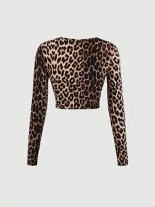 SHEIN Unity Leopard Print Front Twist V-Neck Cropped Long Sleeve Blouse - Multicolor - View 2