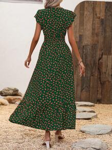 SHEIN LUNE Women's V-Neck Allover Print Cap Sleeve Dress For Holiday - Green - View 2