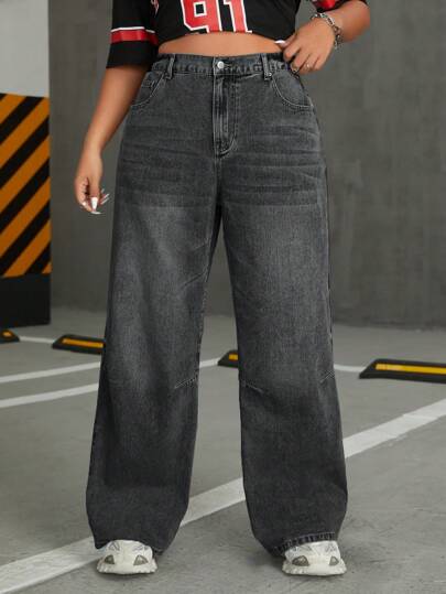 SHEIN ICON 大码女式休闲宽松口袋阔腿男友牛仔裤