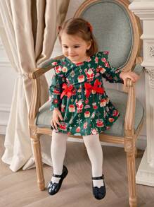 SHEIN Vestido de fiesta para niña con estampado de árbol de Navidad, campana y lazo, ideal para las fiestas. - Verde - Ver 1