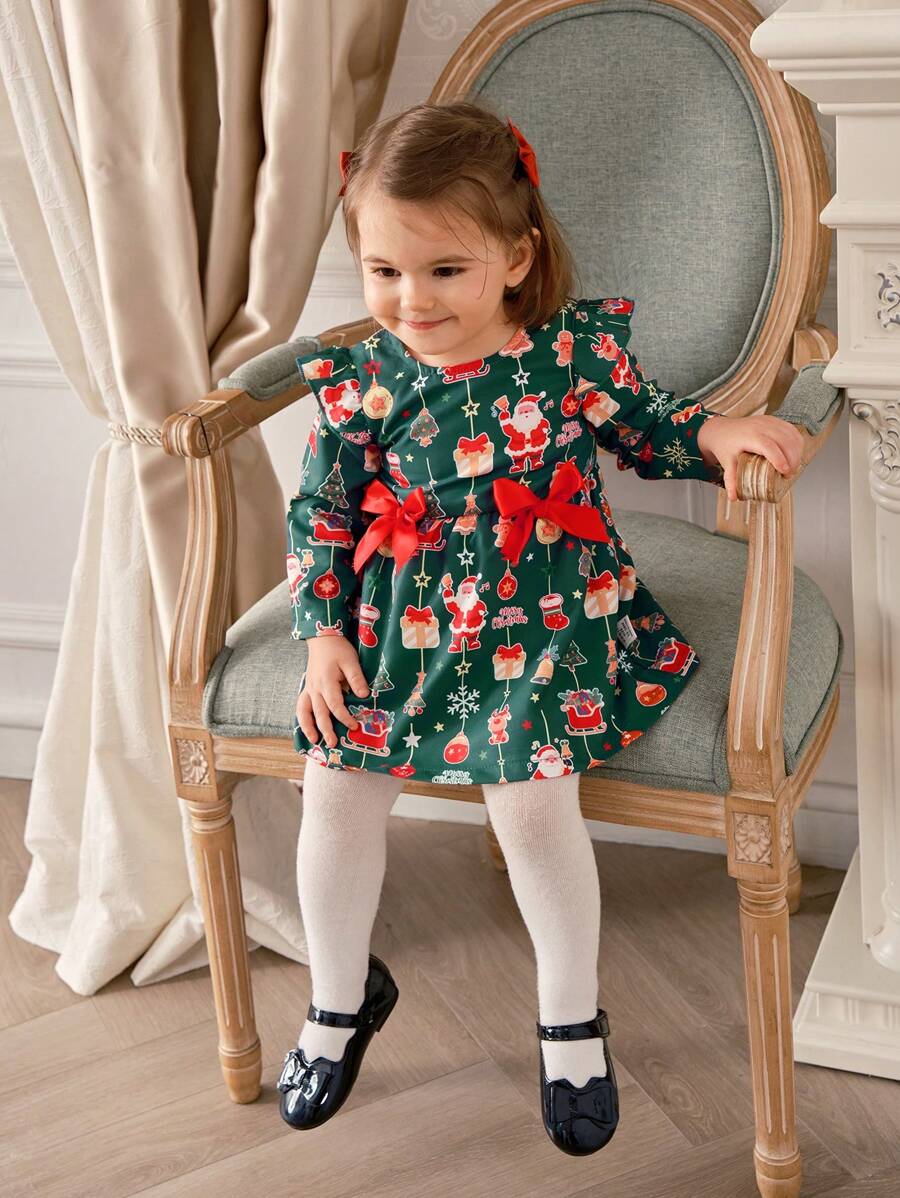SHEIN Vestido de fiesta para niña con estampado de árbol de Navidad, campana y lazo, ideal para las fiestas. - Verde - Ver 1