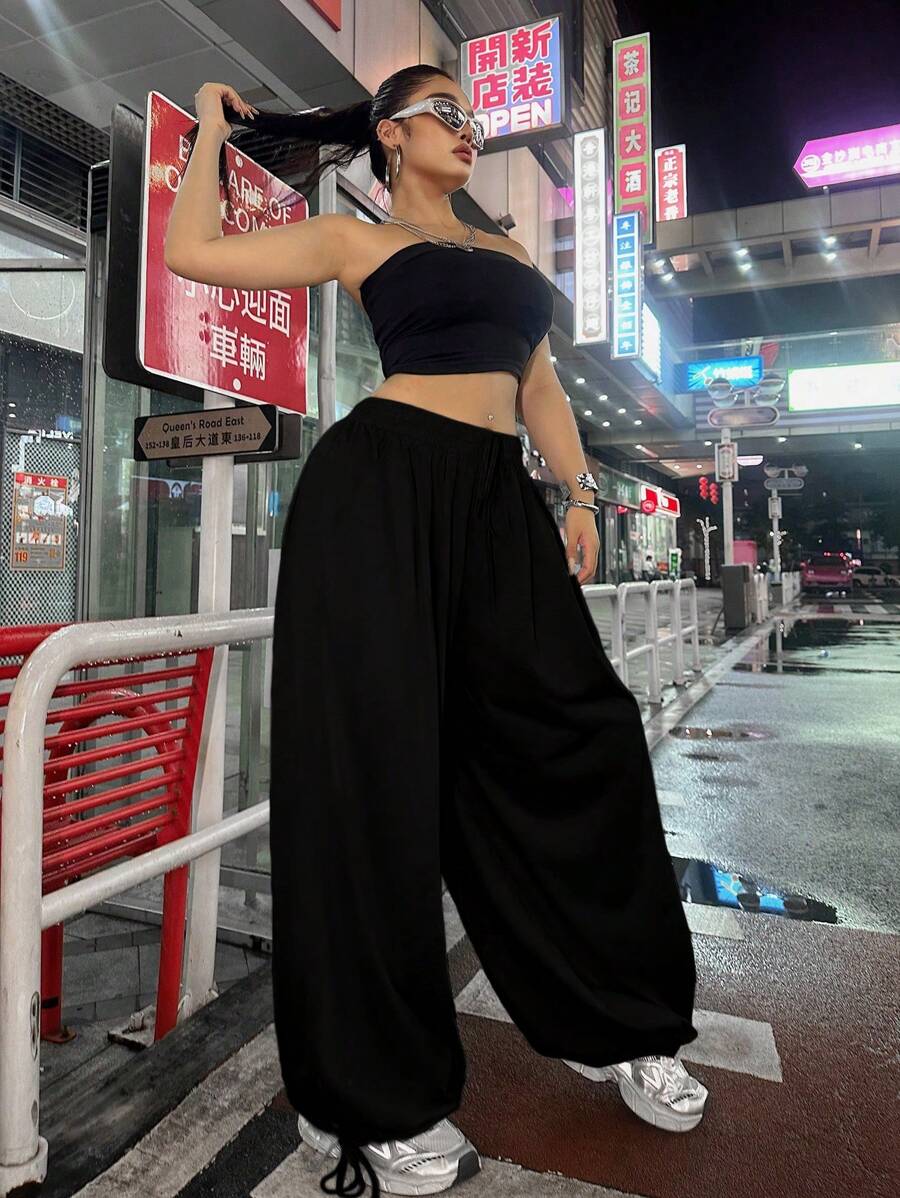 POPSWAY 大尺碼女款寬鬆抽繩腰哈倫褲 秋季 Night Ibiza 黑色傳統款 - 黑色 - 查看 1
