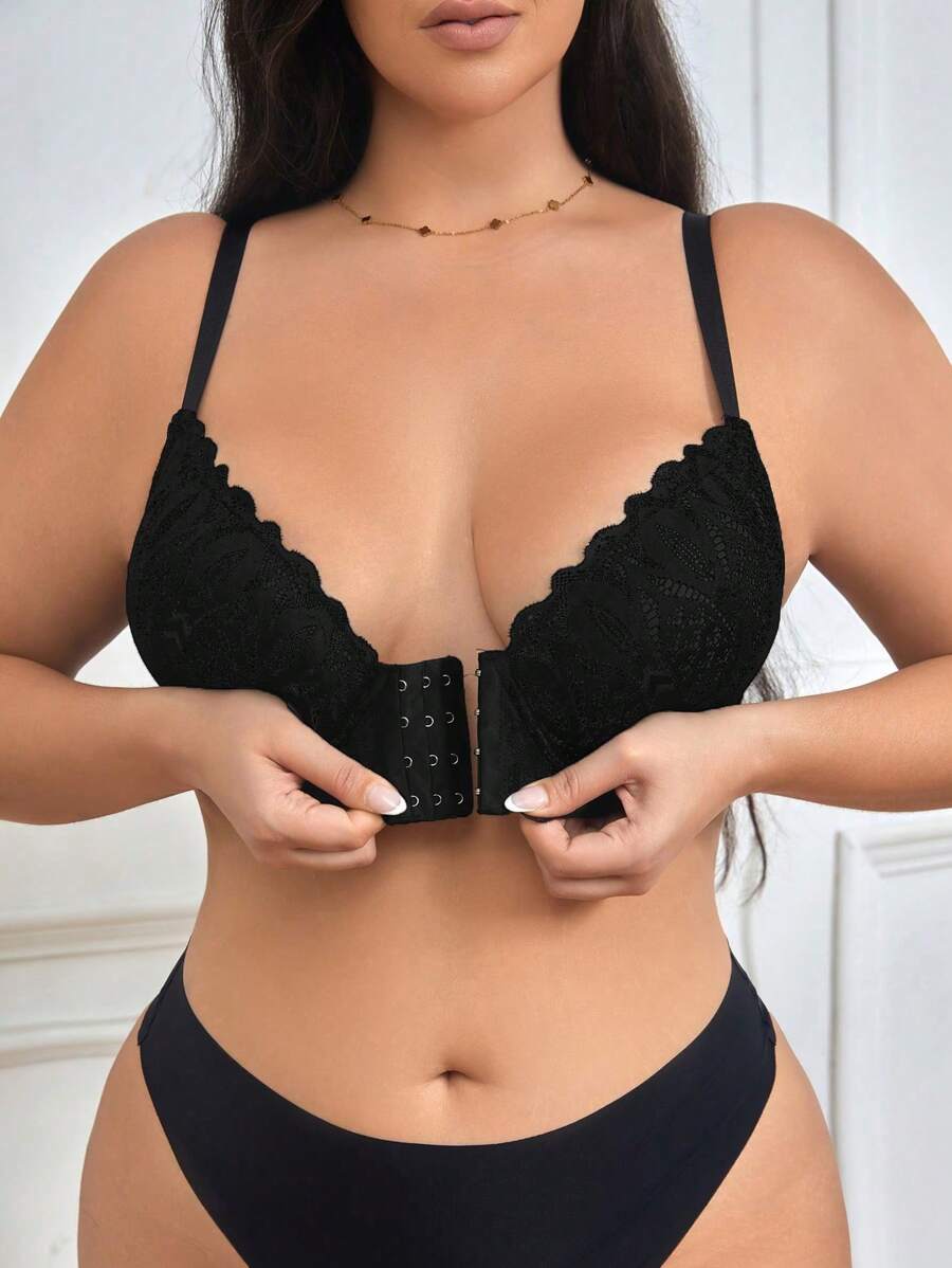 1pc Plus Size Front-Closure Lace Underwire Bra, Lingerie - Black - View 1