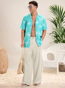 Manfinity VCAY Summer Lightweight & Breathable Casual Beach Woven White Baggy Linen Pants Men Beach Outfits