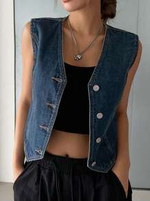 DAZY 女士夏季休闲纽扣前背心牛仔上衣 - 深色水洗藍 - 查看 4