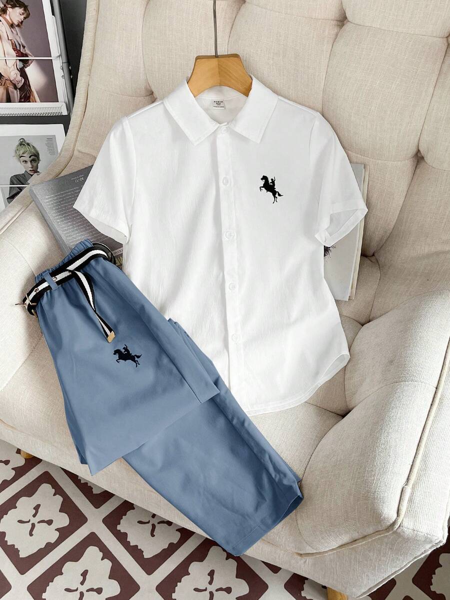 Tween-Jungen 2-teiliges Poloshirt- und Hosenset mit patriotischem Muster zum 4. Juli, Outfit im Gentleman-Stil, geeignet für Pendeln, Lässig, Sport, Frühling/Sommer - Graublau - Übersicht 1