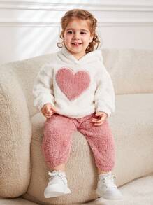 SHEIN Playful Pals 2 件套女婴保暖心羊毛连帽运动衫和裤子套装，秋冬 - 粉色 - 查看 6