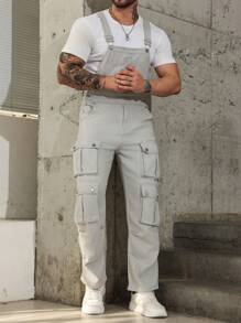 Manfinity LEGND Men's Spring And Summer Casual Solid Color Workwear Denim Overalls - Grey - View 5