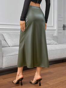 SHEIN Privé Women's Elegant Olive Green PU Fishtail Long Skirt,Autumn Pleated Tight Skirt For Office,Business Casual Fashion Commuting Versatile Fall Clothing - Green - View 2