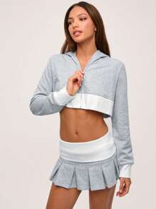 SHEIN BASICS Casual Knitted Color Matching Fitted Cropped Hooded Long-Sleeved Women's Sweatshirt - Light Grey - View 5
