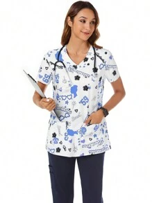 TaskEZ V-Neck Short Sleeve Stylish Printed Nursing Uniform Scrub Top - Blue and White - View 9