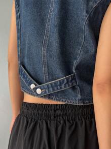 DAZY 女士夏季休闲纽扣前背心牛仔上衣 - 深色水洗藍 - 查看 5