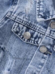 SHEIN Genkimix Kids 男婴休闲日常街头风格浅色洗水牛仔布破洞标语印花夹克 - 淺色水洗藍 - 查看 6