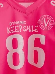 SHEIN Playful Pals Conjunto deportivo informal respirante con estampado de letras y cuello en V para bebés niñas, traje de hockey sobre hielo - Rosa Fucsia - Ver 3