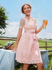 Chiquease Textured Fabric Lace Contrast Trim Women's Dress, Suitable For Oktoberfest - Pink - View 4