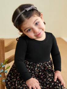 SHEIN LMoss Kids LMoss Baby Girl City Elegant Minimalist Ribbed Patchwork Ditsy Floral Dress, Fall/Winter - Black - View 5