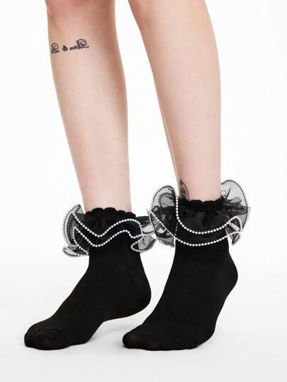 Kawaii 1pair Women All-Season Pearl & Black Ruffle Trim Mid-Calf Socks