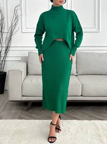 RueChic Mock Neck Drop Shoulder Jumper & Knit Skirt - Green - View 1